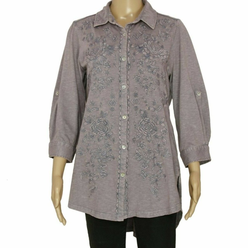 Anthropologie Caite Floral Embroidered Purple Buttondown High & Low Tunic Top S